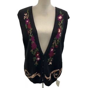 RUSS Vintage W Tags Black Floral Knit Vest Size Large Deep V Neck Buttons Cotton